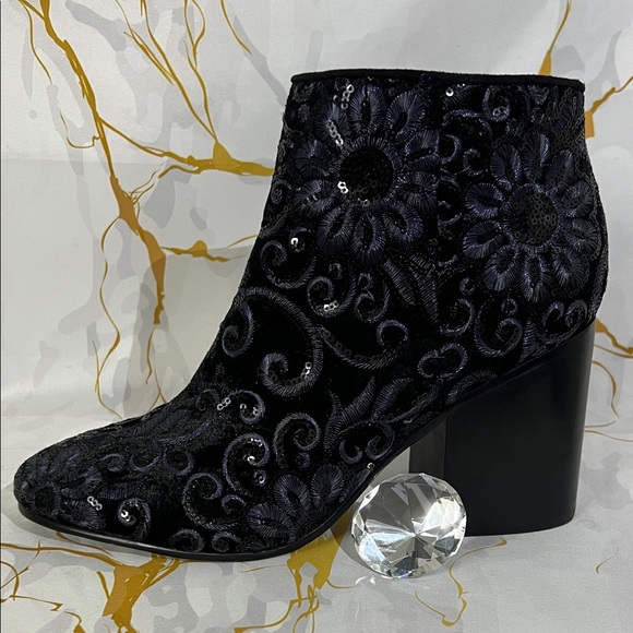 Marc Fisher black and silver floral embroidered sequin ankle booties